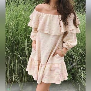 Something Navy Off-Shoulder Cream Dress